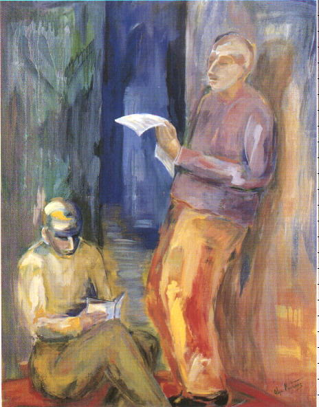 Inform�ndose. Acr�lico sobre lienzo. 114 x 146 cms.